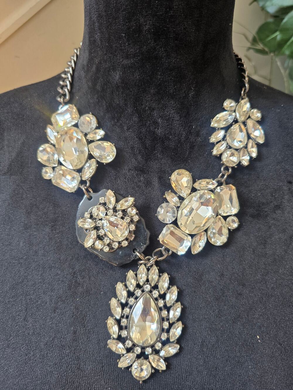 Silver Tone Clear Rhinestone Crystal Statement Pendant Necklace